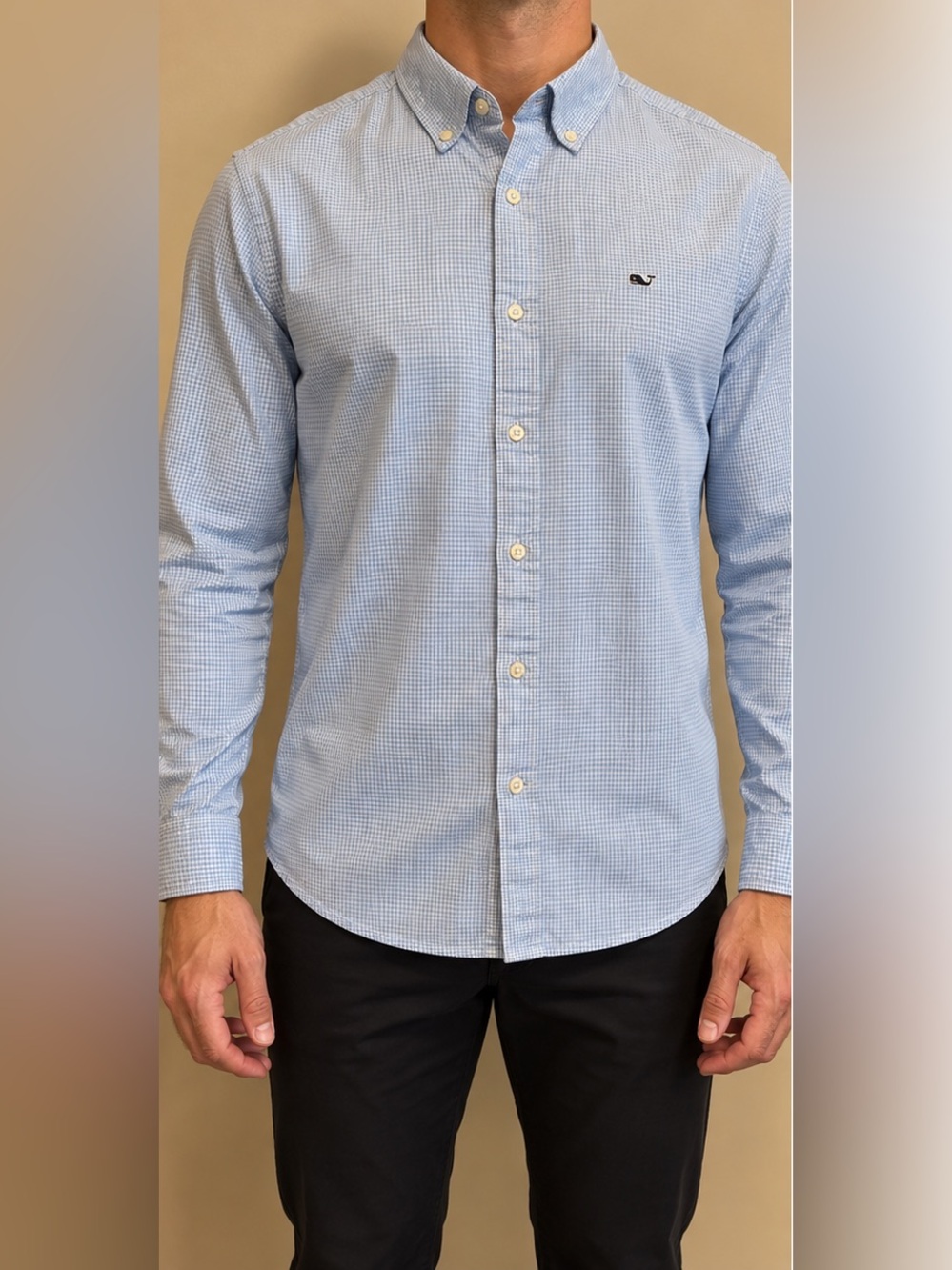Men’s Vineyard Vines Blue and White Micro-Check mini gingham Button-Down Shirt
